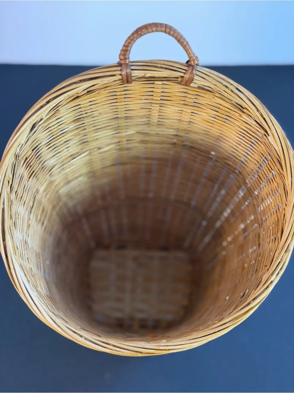Vintage Hanging Tortoise Shell Woven Bamboo Basket Vintage 10x7in Boho Decor